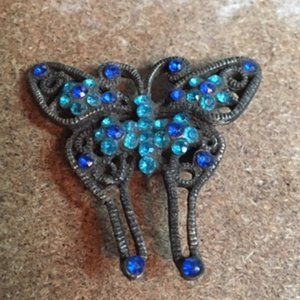 VTG Teal & Royal Blue Rhinestone Butterfly Brooch Pin Silver Tone 1.5"